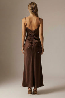 Sparkly Chocolate Ruched Sheath Spaghetti Straps Long Formal Dress