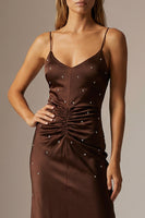 Load image into Gallery viewer, Sparkly Chocolate Ruched Sheath Spaghetti Straps Long Formal Dress
