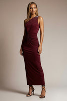 Load image into Gallery viewer, Sparkly Burgundy Ruched Sheath One Shoulder Long Formal Dress