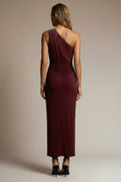 Load image into Gallery viewer, Sparkly Burgundy Ruched Sheath One Shoulder Long Formal Dress