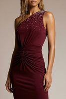 Load image into Gallery viewer, Sparkly Burgundy Ruched Sheath One Shoulder Long Formal Dress