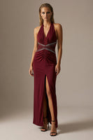 Load image into Gallery viewer, Sparkly Halter Burgundy Sheath Long Formal Dress with Slit
