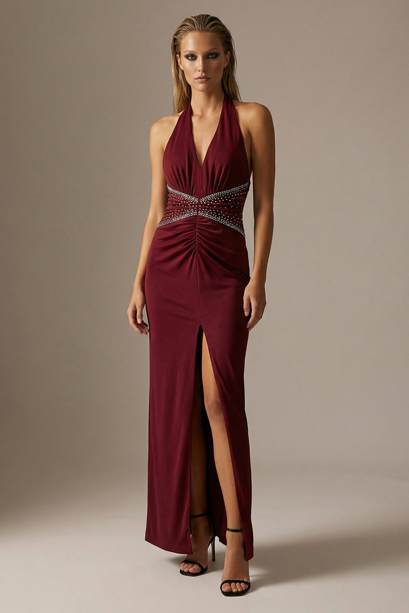 Load image into Gallery viewer, Sparkly Halter Burgundy Sheath Long Formal Dress with Slit