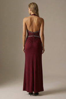 Sparkly Halter Burgundy Sheath Long Formal Dress with Slit