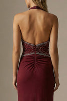Load image into Gallery viewer, Sparkly Halter Burgundy Sheath Long Formal Dress with Slit
