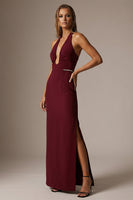 Load image into Gallery viewer, Burgundy Halter Sheath Ruched Long Formal Dress with Slit