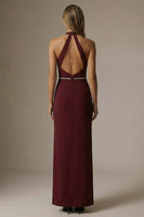 Load image into Gallery viewer, Burgundy Halter Sheath Ruched Long Formal Dress with Slit