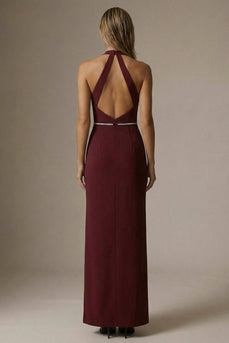 Burgundy Halter Sheath Ruched Long Formal Dress with Slit