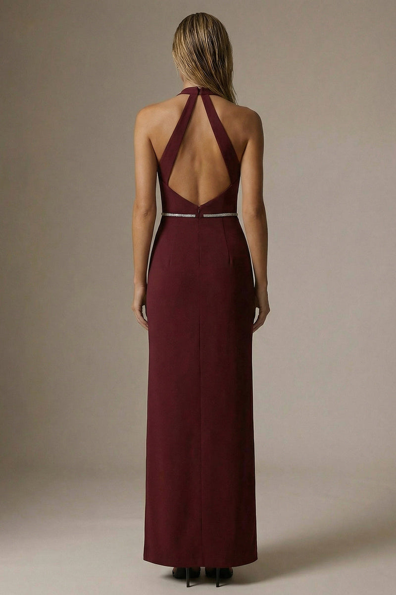 Load image into Gallery viewer, Burgundy Halter Sheath Ruched Long Formal Dress with Slit