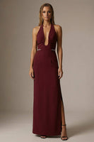 Load image into Gallery viewer, Burgundy Halter Sheath Ruched Long Formal Dress with Slit