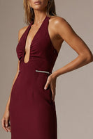 Load image into Gallery viewer, Burgundy Halter Sheath Ruched Long Formal Dress with Slit