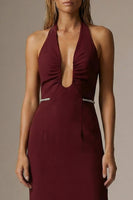 Load image into Gallery viewer, Burgundy Halter Sheath Ruched Long Formal Dress with Slit