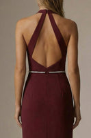Load image into Gallery viewer, Burgundy Halter Sheath Ruched Long Formal Dress with Slit