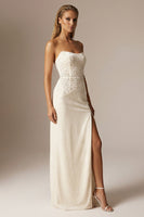 Load image into Gallery viewer, Sparkly Ivory Beaded Sheath Strapless Long Formal Dress with Slit