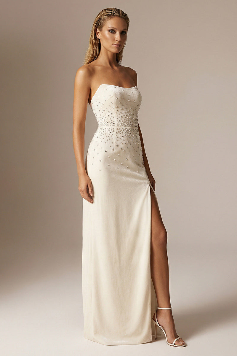 Load image into Gallery viewer, Sparkly Ivory Beaded Sheath Strapless Long Formal Dress with Slit