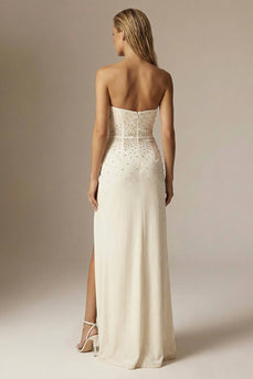 Sparkly Ivory Beaded Sheath Strapless Long Formal Dress with Slit