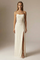 Load image into Gallery viewer, Sparkly Ivory Beaded Sheath Strapless Long Formal Dress with Slit