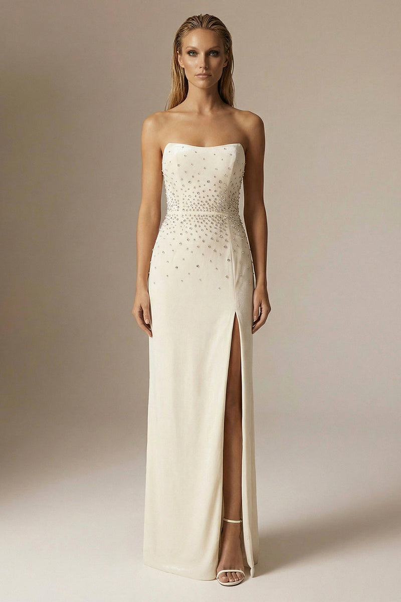 Load image into Gallery viewer, Sparkly Ivory Beaded Sheath Strapless Long Formal Dress with Slit