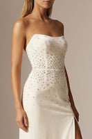 Load image into Gallery viewer, Sparkly Ivory Beaded Sheath Strapless Long Formal Dress with Slit