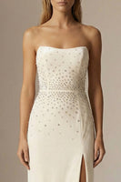 Load image into Gallery viewer, Sparkly Ivory Beaded Sheath Strapless Long Formal Dress with Slit