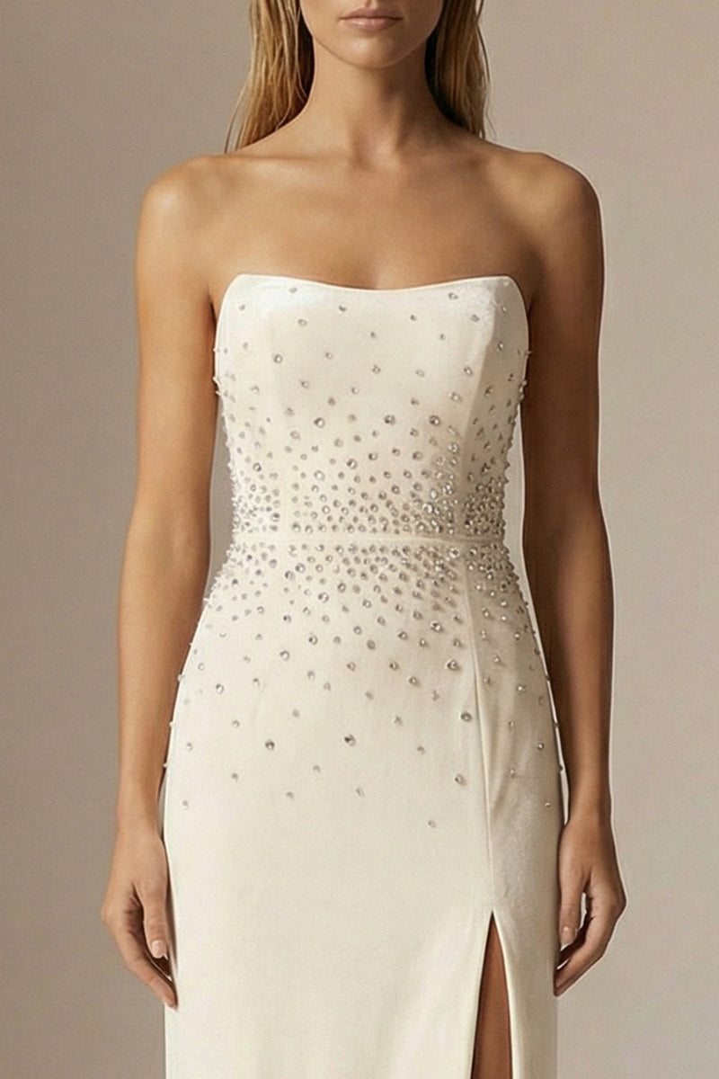 Load image into Gallery viewer, Sparkly Ivory Beaded Sheath Strapless Long Formal Dress with Slit