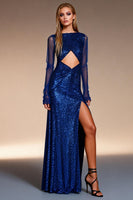 Load image into Gallery viewer, Sparkly Sequins Royal Blue Bateau Neck Sheath Long Formal Dress with Slit