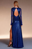Load image into Gallery viewer, Sparkly Sequins Royal Blue Bateau Neck Sheath Long Formal Dress with Slit