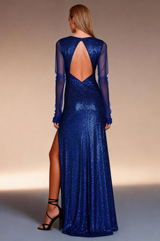 Sparkly Sequins Royal Blue Bateau Neck Sheath Long Formal Dress with Slit