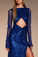 Load image into Gallery viewer, Sparkly Sequins Royal Blue Bateau Neck Sheath Long Formal Dress with Slit