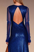 Load image into Gallery viewer, Sparkly Sequins Royal Blue Bateau Neck Sheath Long Formal Dress with Slit