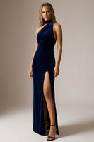 Load image into Gallery viewer, Navy Velvet Sheath One Shoulder Long Formal Dress with Slit