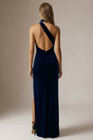 Load image into Gallery viewer, Navy Velvet Sheath One Shoulder Long Formal Dress with Slit