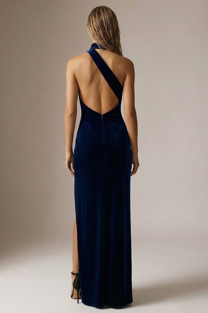 Load image into Gallery viewer, Navy Velvet Sheath One Shoulder Long Formal Dress with Slit