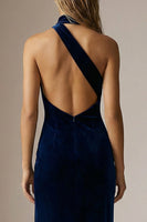 Load image into Gallery viewer, Navy Velvet Sheath One Shoulder Long Formal Dress with Slit