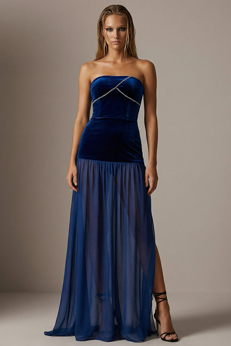 Load image into Gallery viewer, Navy Velvet Strapless Sheath Long Formal Dress with Slit