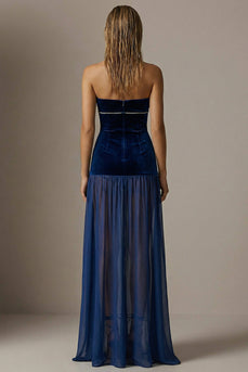 Navy Velvet Strapless Sheath Long Formal Dress with Slit