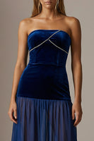 Load image into Gallery viewer, Navy Velvet Strapless Sheath Long Formal Dress with Slit