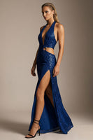 Load image into Gallery viewer, Sparkly Navy Sequins Cut Out Sheath Halter Long Formal Dress with Slit