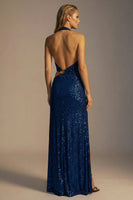 Load image into Gallery viewer, Sparkly Navy Sequins Cut Out Sheath Halter Long Formal Dress with Slit