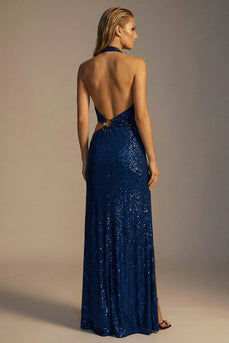 Sparkly Navy Sequins Cut Out Sheath Halter Long Formal Dress with Slit