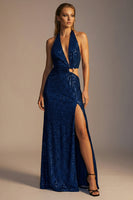 Load image into Gallery viewer, Sparkly Navy Sequins Cut Out Sheath Halter Long Formal Dress with Slit