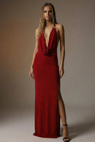 Load image into Gallery viewer, Dark Red Sheath Backless Halter Long Formal Dress with Slit