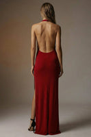 Load image into Gallery viewer, Dark Red Sheath Backless Halter Long Formal Dress with Slit