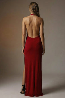 Dark Red Sheath Backless Halter Long Formal Dress with Slit