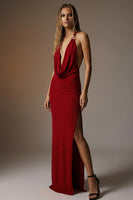 Load image into Gallery viewer, Dark Red Sheath Backless Halter Long Formal Dress with Slit