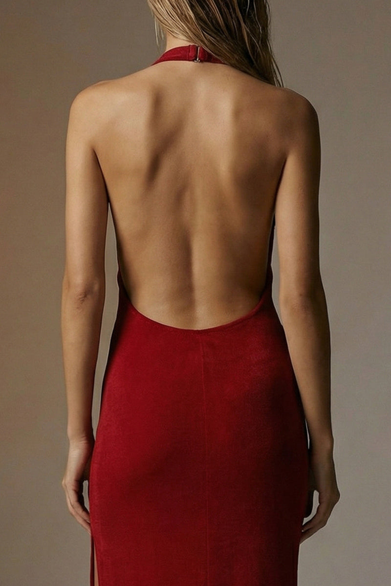 Load image into Gallery viewer, Dark Red Sheath Backless Halter Long Formal Dress with Slit