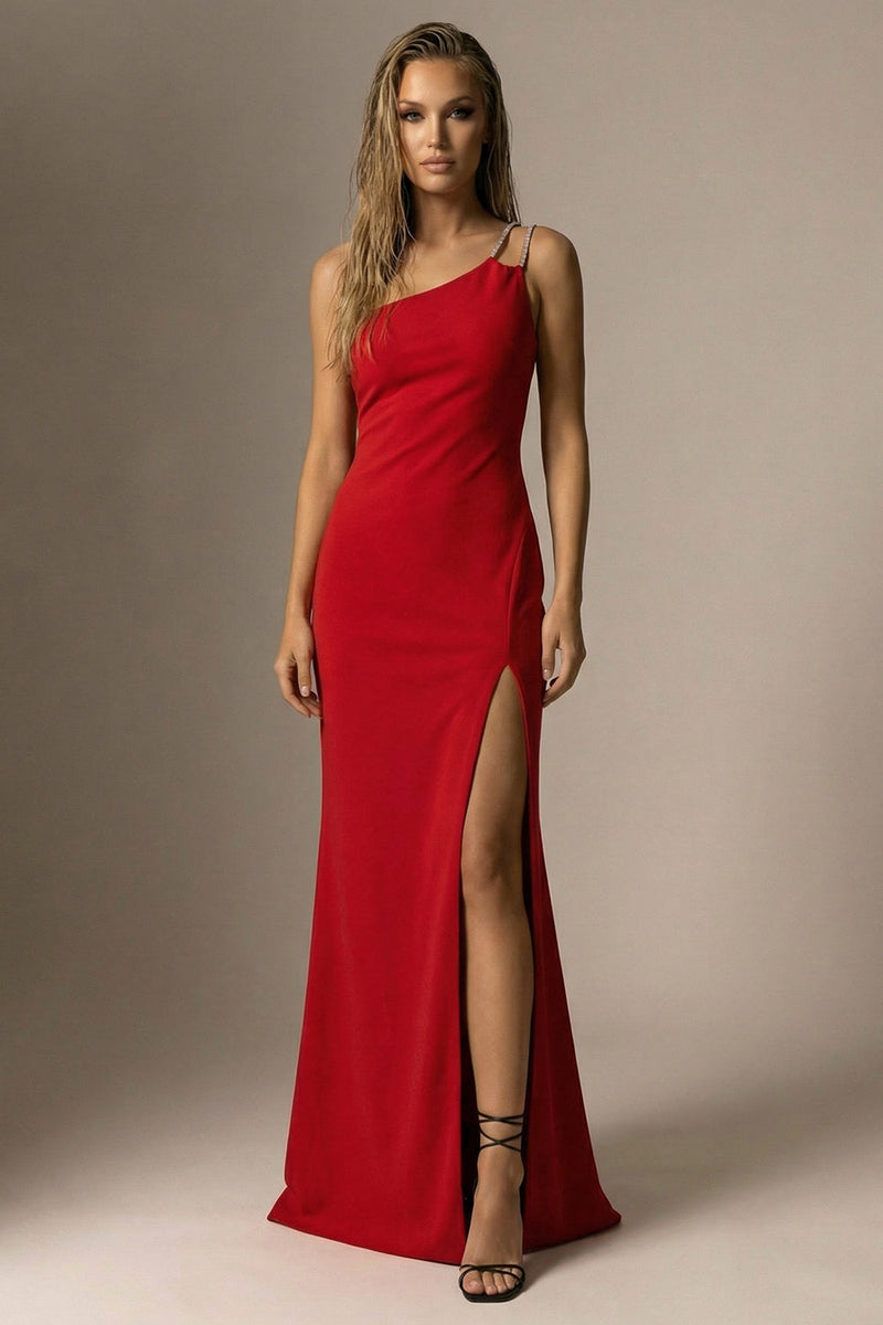 Load image into Gallery viewer, Elegant Red Mermaid One Shoulder Long Formal Dress with Slit