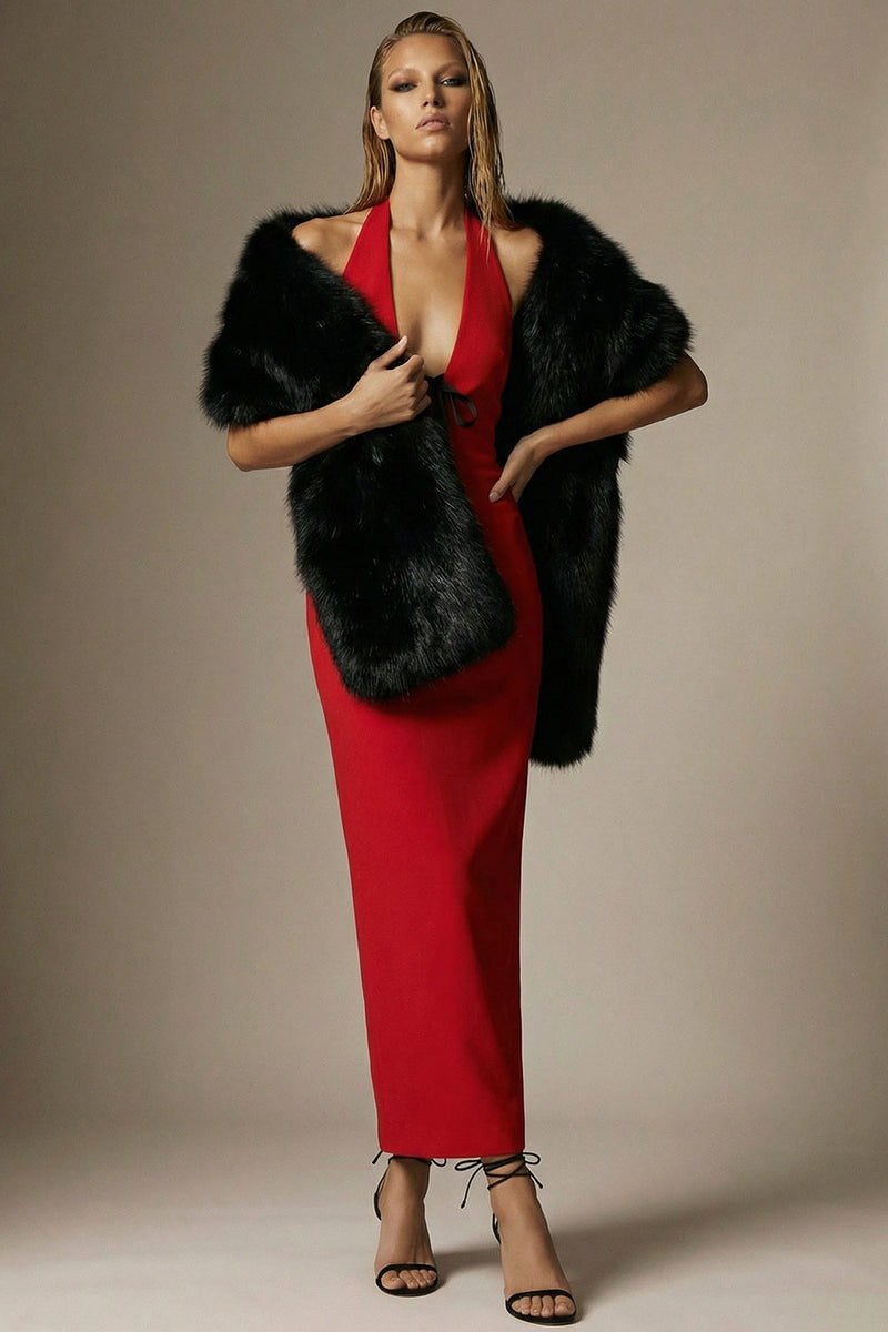 Load image into Gallery viewer, Red Sheath Halter Long Backless Formal Dress with Bow