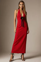 Load image into Gallery viewer, Red Sheath Halter Long Backless Formal Dress with Bow