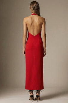 Red Sheath Halter Long Backless Formal Dress with Bow